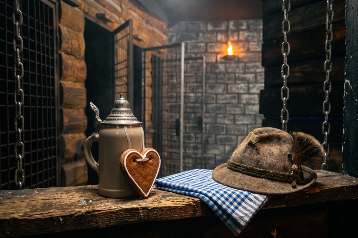 Maßkrug, Lebkuchenherz und Trachtenhut im Escape Room München