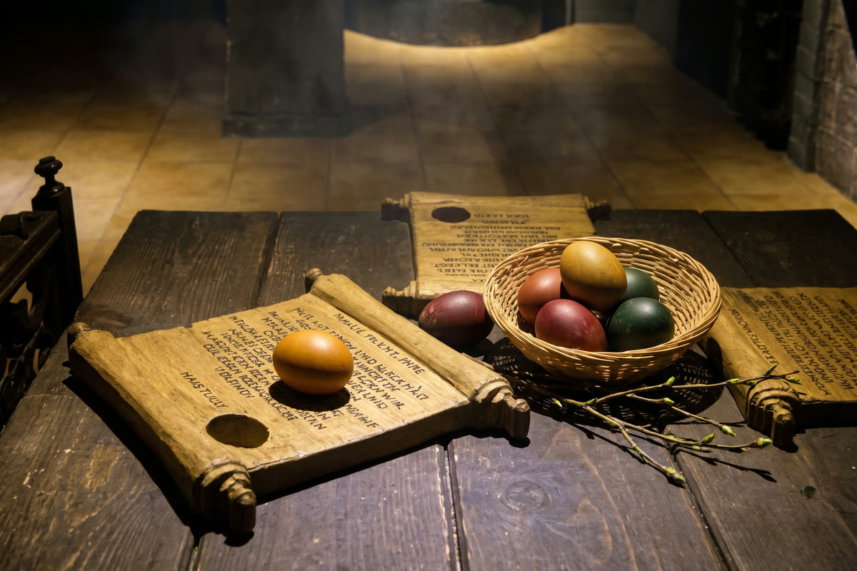 Bemalte Ostereier zwischen Rätselgegenständen im Escape Room München