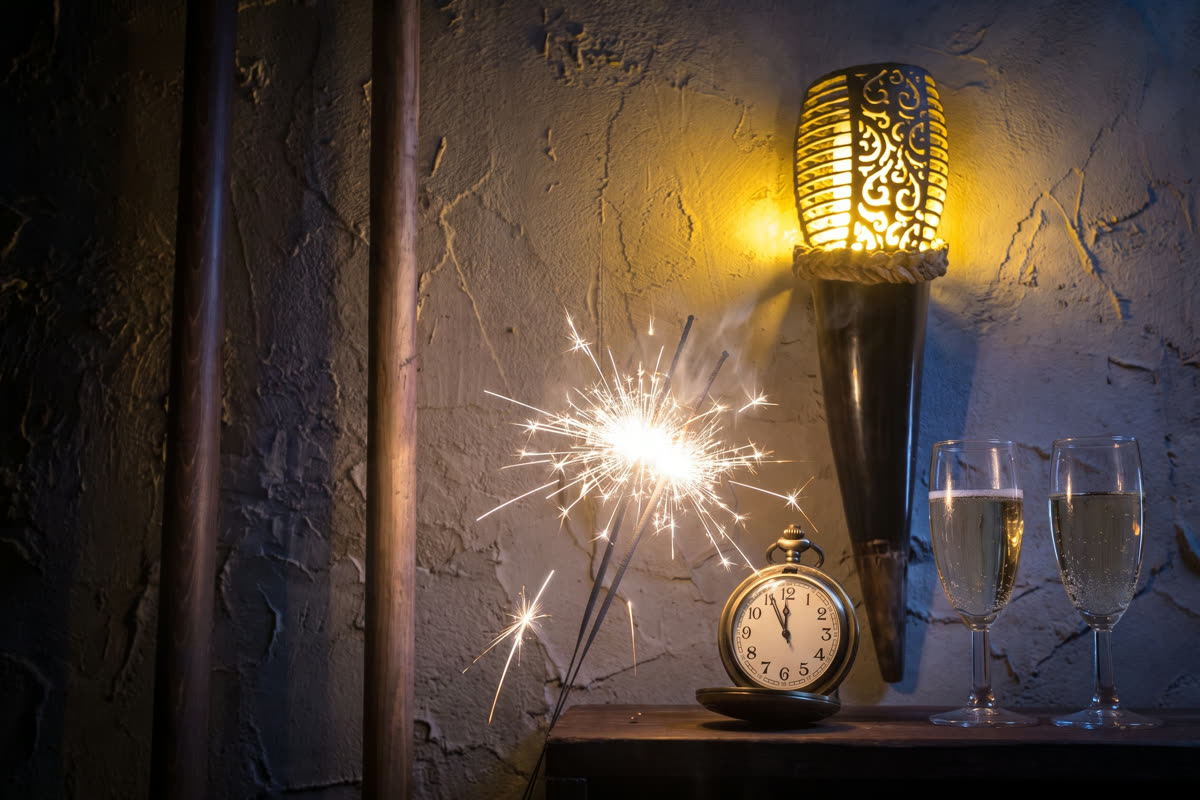 Wunderkerze, Taschenuhr kurz vor zwölf und zwei Gläser im Escape Room