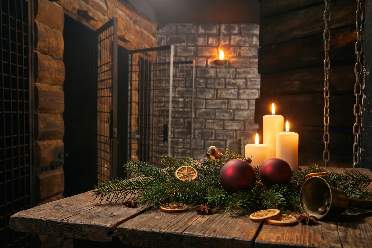 Tannenzweige, Kerzen und rote Kugeln auf dem Holztisch im Escape Room