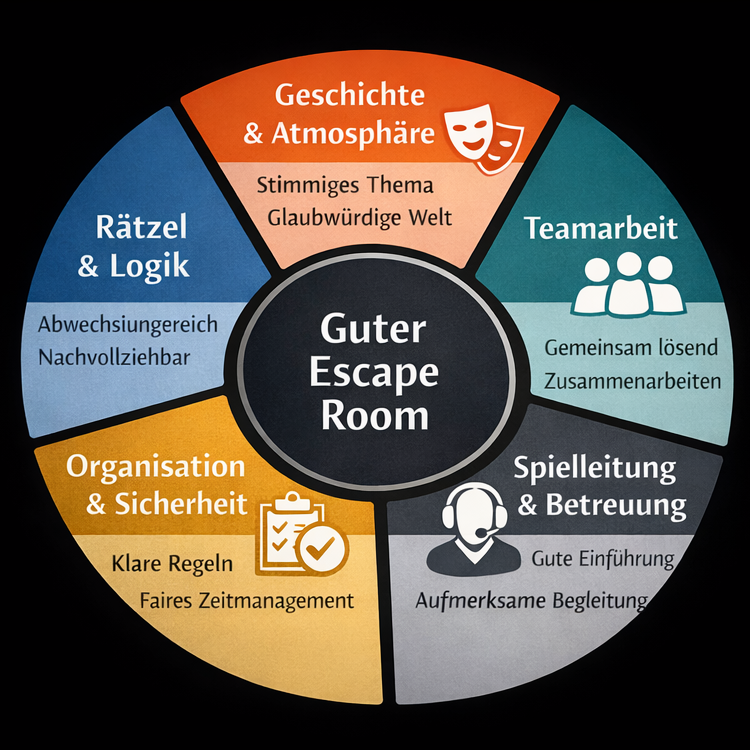 Grafik: Was macht einen guten Escape Room aus – Rätsel, Atmosphäre, Teamwork, Betreuung und Organisation.